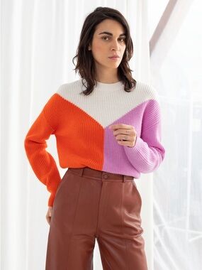 Sincerely Jules Orange, Pink & White Colorblock Crewneck Sweater